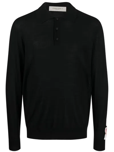 Golden Goose Knitted Virgin Wool Polo With Classic Collar And Long Sleeves In Black