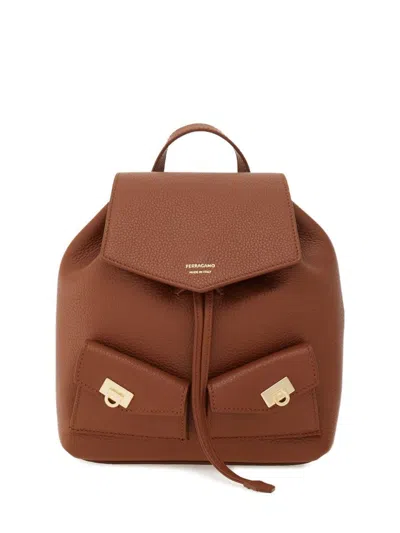 Ferragamo Geometric-flap Drawstring Backpack In Brown