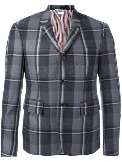 Thom Browne Distressed Single-breasted Check Blazer In Grey