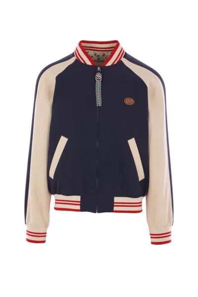 Valentino Sporty Bomber Jacket With Embroidered Details In Blue