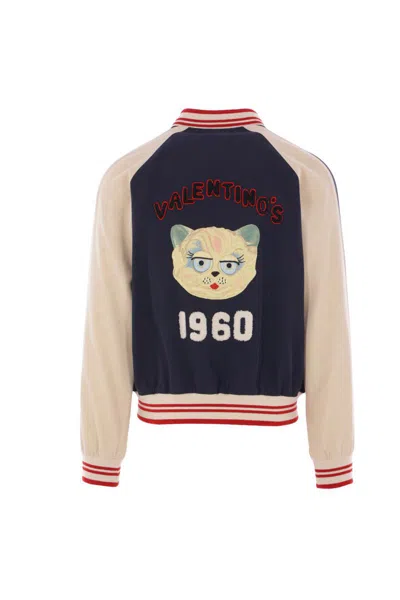 Valentino Sporty Bomber Jacket With Embroidered Details In Blue