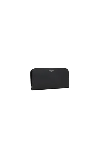 Saint Laurent Paris Black Textured Leather Zip-around Wa In Black