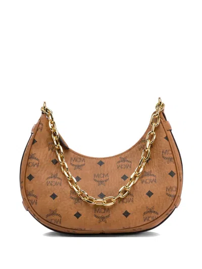 Mcm Woman Printed Canvas Aren Crescent Shoulder Bag In Brown