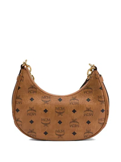 Mcm Woman Printed Canvas Aren Crescent Shoulder Bag In Brown