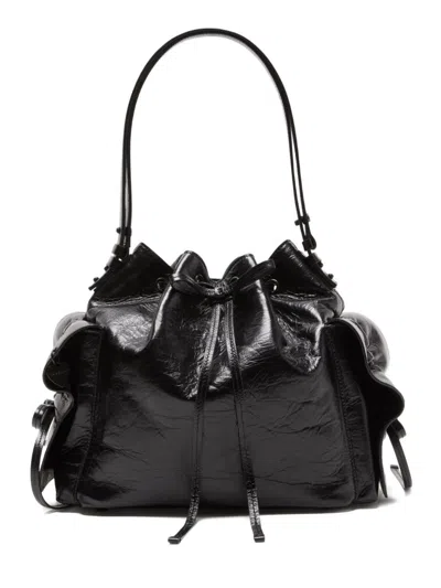 Acne Studios Drawstring Ruffled Leather Shoulder Bag In Black