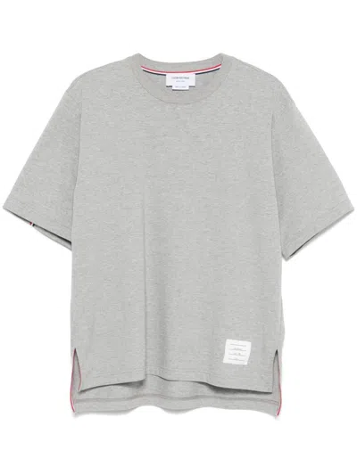 Thom Browne Grey Crewneck T-shirt With Logo Patch On The Front And Striped Detail On The Rear In Cotton Man In Gray