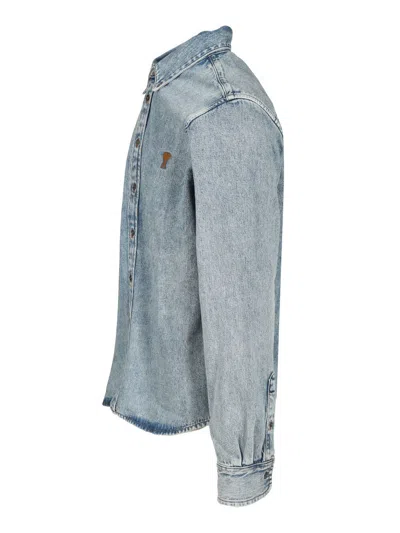 Ami Alexandre Mattiussi Ami Paris Ami De Coeur Embroidered Cotton Denim Button-down Shirt In Blue