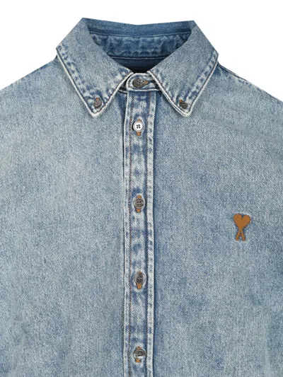 Ami Alexandre Mattiussi Ami Paris Ami De Coeur Embroidered Cotton Denim Button-down Shirt In Blue