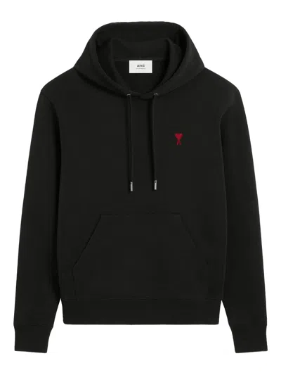 Ami Alexandre Mattiussi Ami Black Cotton Hoodie With Embroidered Logo And Functional Pockets In Black