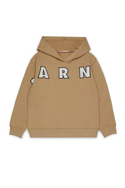 Marni Hooded Sweatshirt With Embroidered  Patch Logo In Brown