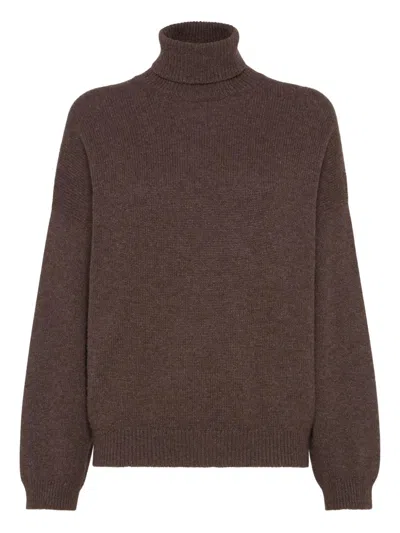 Brunello Cucinelli Ribbed Cashmere Turtleneck Sweater With Long Sleeves In Brown