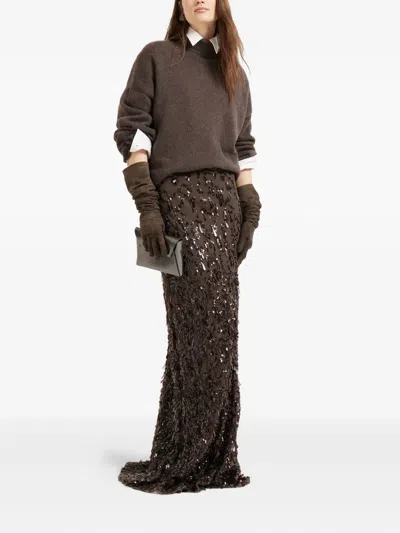 Brunello Cucinelli Ribbed Cashmere Turtleneck Sweater With Long Sleeves In Brown