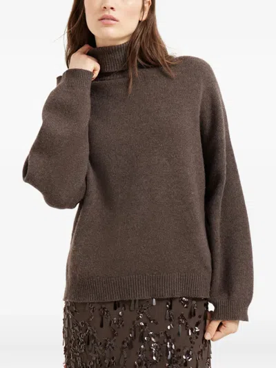 Brunello Cucinelli Ribbed Cashmere Turtleneck Sweater With Long Sleeves In Brown