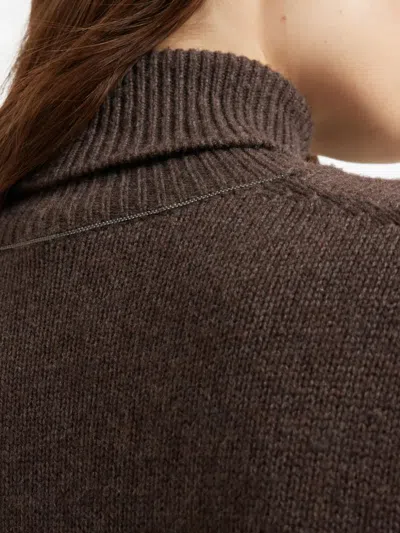 Brunello Cucinelli Ribbed Cashmere Turtleneck Sweater With Long Sleeves In Brown