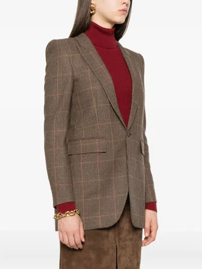 Saint Laurent Blazer Checked Pattern Flap Pockets In Brown