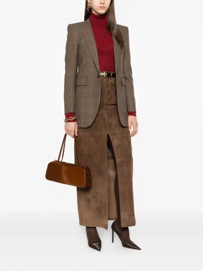 Saint Laurent Blazer Checked Pattern Flap Pockets In Brown