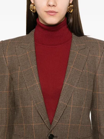 Saint Laurent Blazer Checked Pattern Flap Pockets In Brown