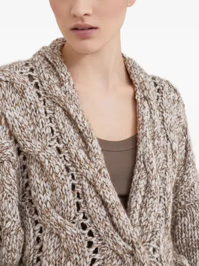Brunello Cucinelli Chunky Knit Sweater With Deep V-neckline And Cable Design In Neutral