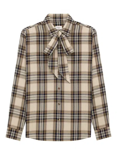 Saint Laurent Tartan Check Long-sleeved Shirt In Neutral