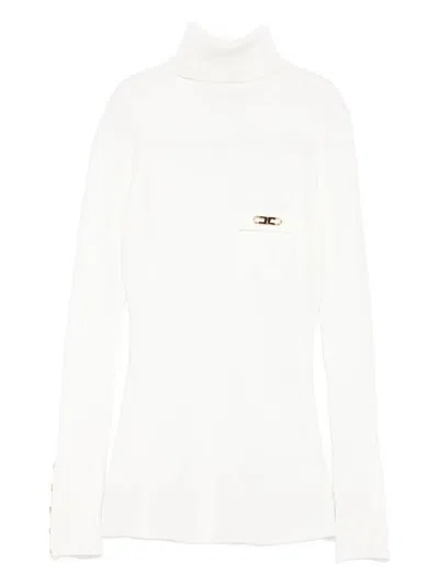 Elisabetta Franchi Ribbed Knit Turtleneck Top With Breast Pocket Clothing In White
