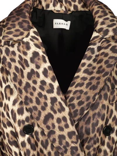 P.a.r.o.s.h Waist Belted Double-breasted Notched Lapels Side Pockets In Animal Print