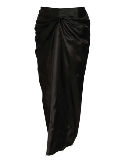 Balenciaga Asymmetric Frayed Gathered Draped Satin Midi Skirt In Black