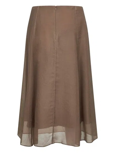Brunello Cucinelli Asymmetric Flared Midi Skirt With Stitched Accents In Brown