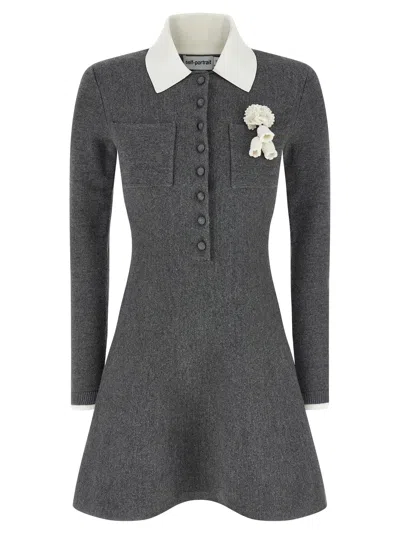 Self-portrait Grey Crochet Flower Collared Knit Mini Dress Clothing In Gray