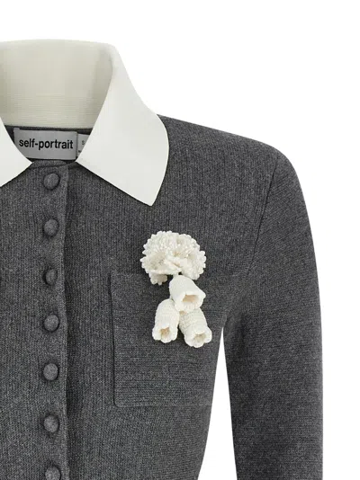 Self-portrait Grey Crochet Flower Collared Knit Mini Dress Clothing In Gray