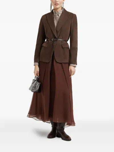 Brunello Cucinelli Flared Silk Skirt Sheer Overlay In Brown