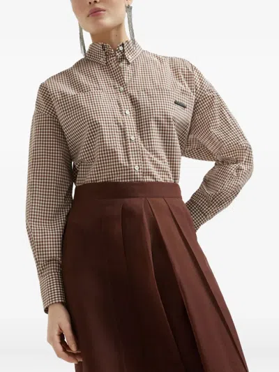 Brunello Cucinelli Flared Silk Skirt Sheer Overlay In Brown