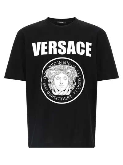 Versace Black Crewneck T-shirt With Maxi Logo Print On The Front In Black