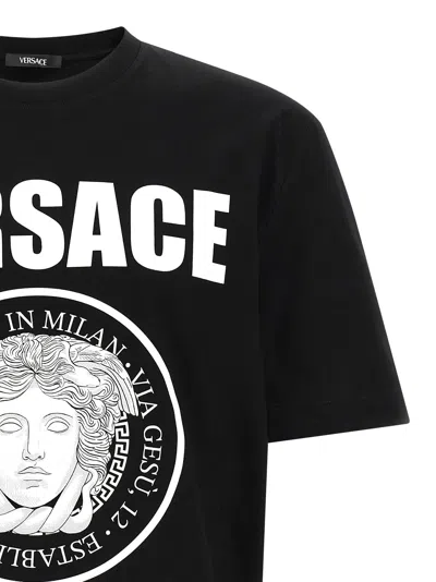 Versace Black Crewneck T-shirt With Maxi Logo Print On The Front In Black
