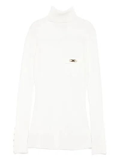 Elisabetta Franchi Ribbed Knit Turtleneck Top With Breast Pocket Clothing In White