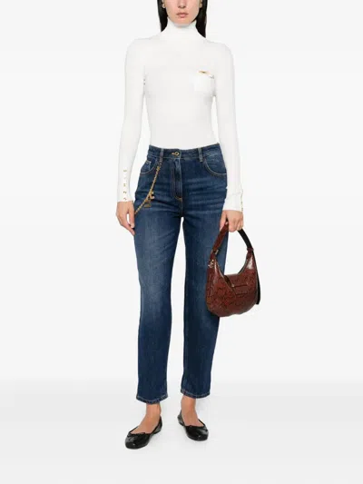 Elisabetta Franchi Ribbed Knit Turtleneck Top With Breast Pocket Clothing In White