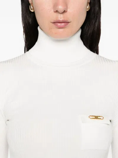 Elisabetta Franchi Ribbed Knit Turtleneck Top With Breast Pocket Clothing In White