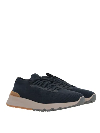 Brunello Cucinelli Leather-trimmed Stretch-knit Sneakers In Blue