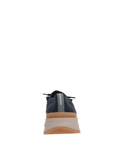 Brunello Cucinelli Leather-trimmed Stretch-knit Sneakers In Blue