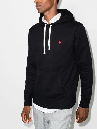 Polo Ralph Lauren Slouchy Black Cotton Blend Hoodie With Embroidered Logo In Black