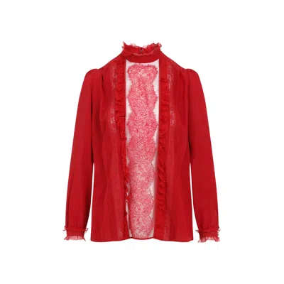 Valentino Lace-insert Silk Blouse In Red