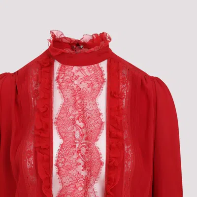 Valentino Lace-insert Silk Blouse In Red