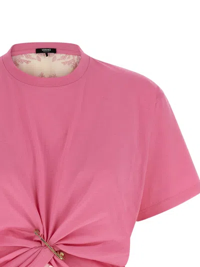 Versace Safety-pin Twisted Crop T-shirt With Underwater Barocco Silk Twill Back In Multi