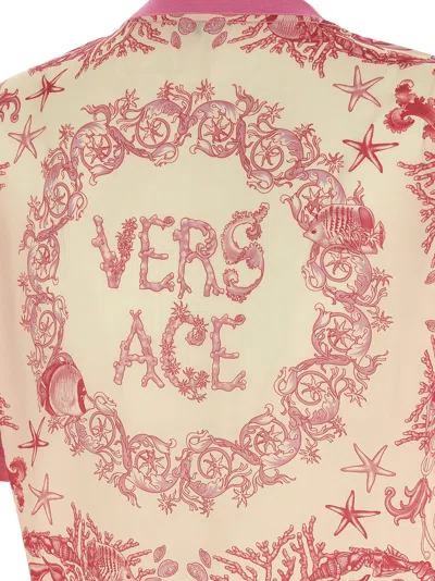 Versace Safety-pin Twisted Crop T-shirt With Underwater Barocco Silk Twill Back In Multi