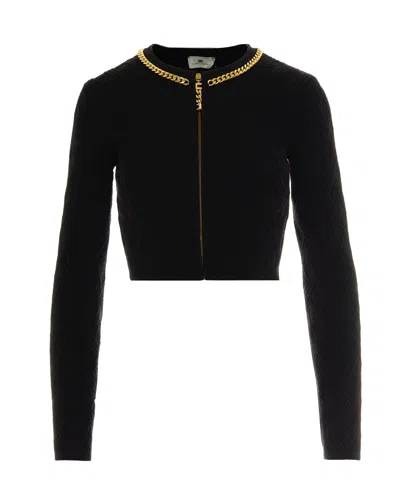 Elisabetta Franchi Diamond Knit Cardigan With Black Jewel Detail In Black