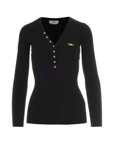 Elisabetta Franchi Maglia A Costine Con Taschino Nero In Black