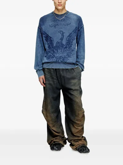Diesel Phoenix Graphic Crewneck Sweater With Washed Effect In Blue