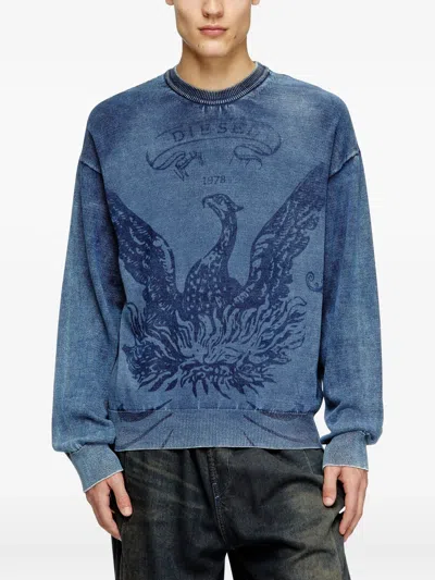 Diesel Phoenix Graphic Crewneck Sweater With Washed Effect In Blue