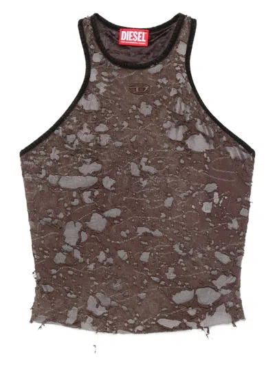 Diesel Logo Embroidered Distressed Sleeveless Top In Brown