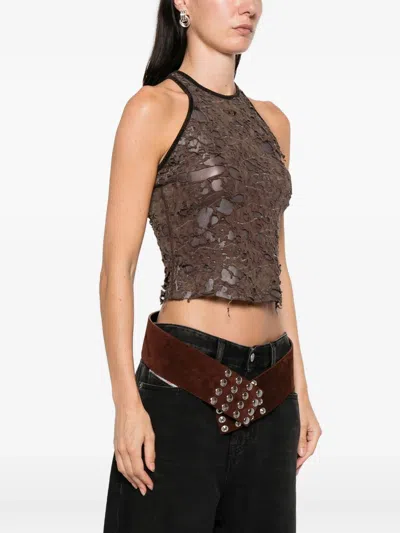 Diesel Logo Embroidered Distressed Sleeveless Top In Brown