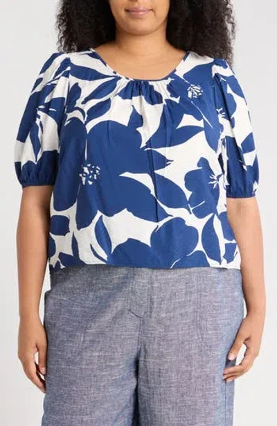 Renee C Floral Puff Sleeve Stretch Cotton Top In Blue